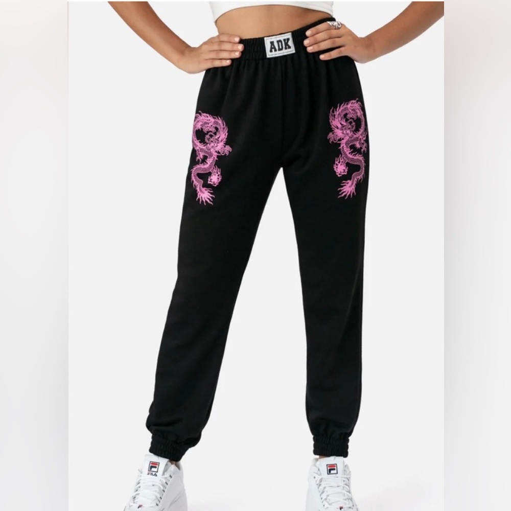 Adika Black Joggers with Pink Dragon Design
